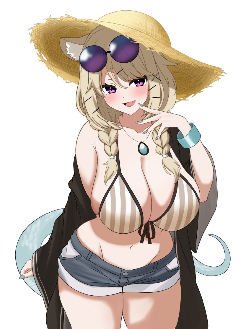 1girl absurdres animal_ear_fluff animal_ears aqua_nails arknights bangle bikini bikini_top_only blue_shorts blush bracelet braid breasts brown_bikini cleavage commentary cowboy_shot denim denim_shorts exposed_pocket eyewear_on_head fang groin hair_ornament hairclip hand_to_own_mouth hat highres jewelry large_breasts long_hair looking_at_viewer low_twin_braids midori10 multicolored_bikini nail_polish navel necklace official_alternate_costume open_mouth pendant purple-tinted_eyewear purple_eyes round_eyewear sagging_breasts short_shorts shorts simple_background smile snake_tail solo standing straw_hat striped_bikini striped_clothes sunglasses swimsuit swimsuit_cover-up tail tinted_eyewear twin_braids two-tone_bikini utage_(arknights) utage_(summer_flowers)_(arknights) vertical-striped_bikini vertical-striped_clothes white_background white_bikini x_hair_ornament yellow_hat