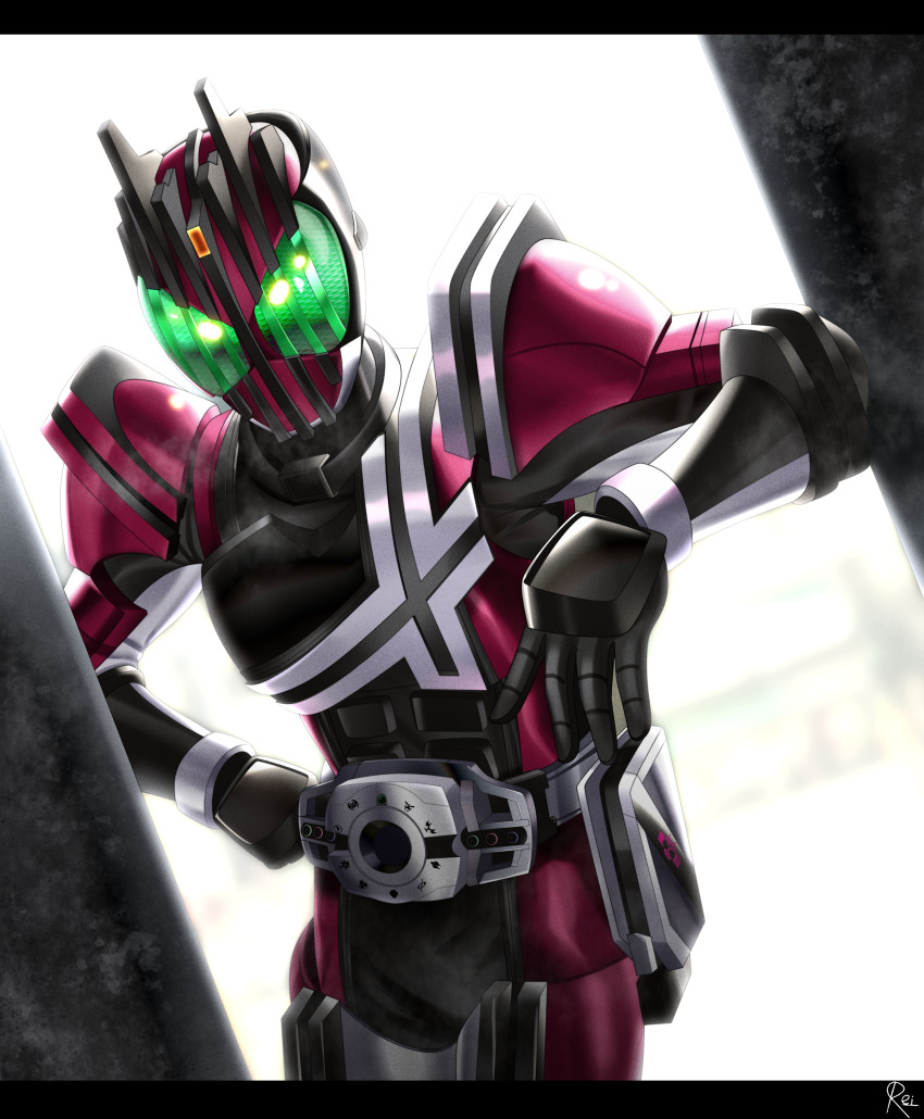 1boy absurdres armor backlighting black_armor commentary compound_eyes decadriver rider_belt english_commentary forehead_jewel green_eyes hand_on_own_hip highres kamen_rider kamen_rider_dcd kamen_rider_decade letterboxed pink_armor reiei_8 rider_belt shoulder_armor solo upper_body