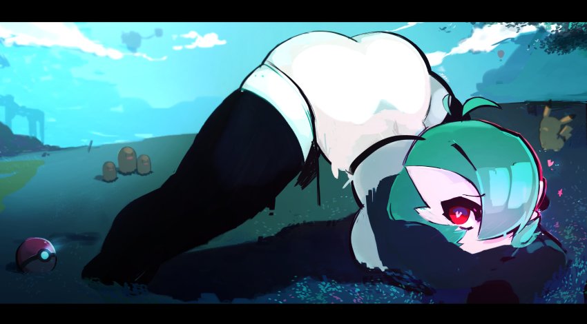 1girl absurdres ass black_thighhighs dugtrio gardevoir gen_1_pokemon gen_3_pokemon grass hands_on_ground heart heart-shaped_pupils highres jack-o&#039;_challenge legs_apart letterboxed meme nintendo pikachu poke_ball poke_ball_(basic) pokemon pokemon_(creature) red_eyes short_hair spread_legs stretching symbol-shaped_pupils thick_thighs thighhighs thighs top-down_bottom-up wide_spread_legs yasidip