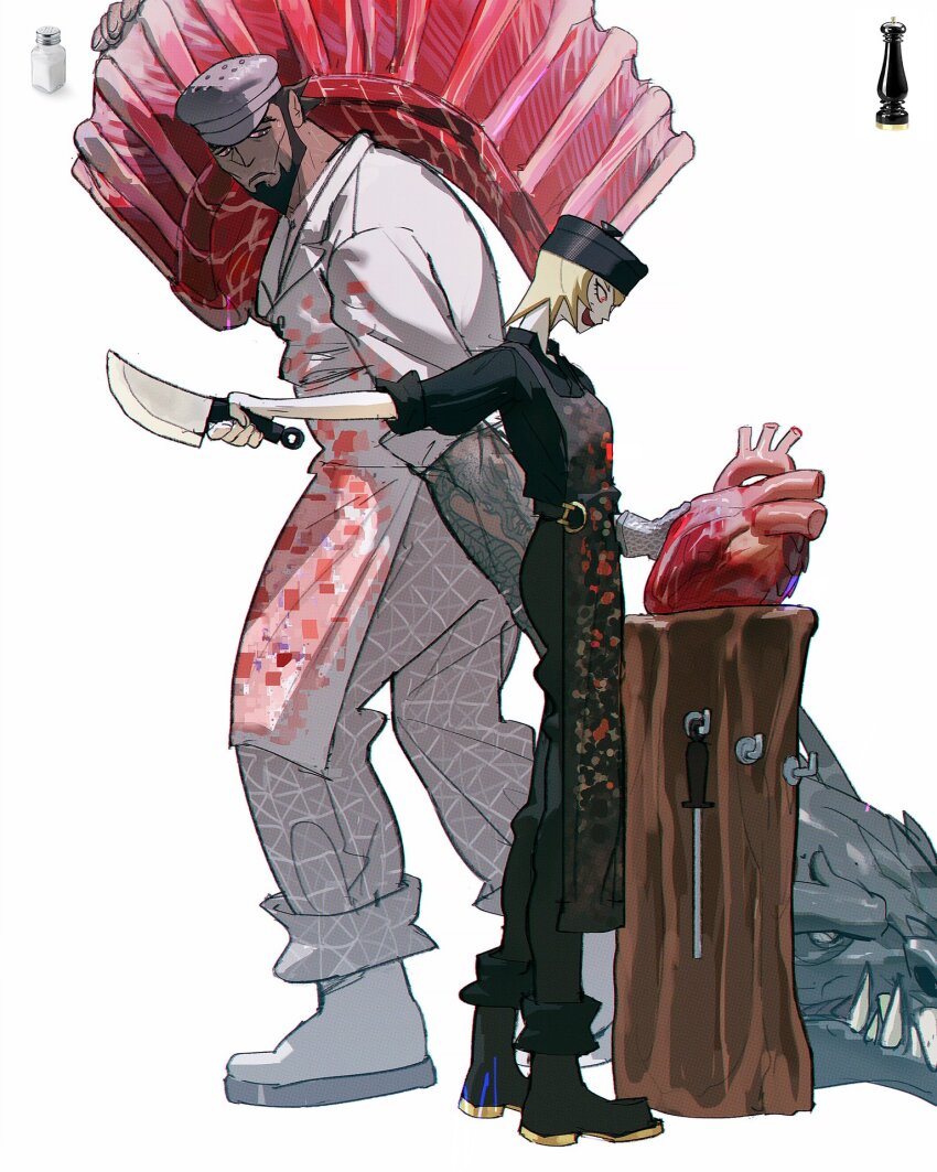 1boy 1girl apron argyle_clothes argyle_pants arm_tattoo beard belt belt_buckle black_apron black_belt black_eyes black_footwear black_hair black_hat black_pants blonde_hair blood blood_on_clothes blood_stain boots buckle buttons carrying_over_shoulder collared_shirt commentary dark-skinned_male dark_skin dragon_tattoo english_commentary expressionless facial_hair floral_print food from_side full_body gloves gold_buckle grey_pants hat heart_(organ) highres holding holding_food holding_knife knife lapels lips long_sleeves looking_at_another looking_at_object meat monster muscular muscular_male notched_lapels original pale_skin pants peaked_cap pepper_shaker personification ramon_nunez reference_inset rose_print rubber_gloves salt_shaker shirt short_hair short_sleeves simple_background single_glove sleeve_cuffs three-quarter_sleeves tattoo white_background white_footwear white_gloves white_hat white_shirt