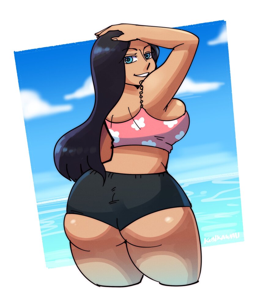 1girl absurdres ass black_hair blue_eyes blue_sky breasts cloud crop_top highres huge_ass kujikawaii large_breasts long_hair looking_at_viewer looking_back nico_robin nico_robin_(punk_hazard) ocean one_piece shorts sky smile solo squished_boobs