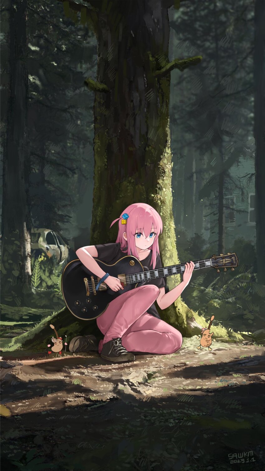 1girl black_shirt black_shoes blue_eyes bocchi_the_rock! cube_hair_ornament forest gotoh_hitori guitar hair_between_eyes hair_ornament highres instrument long_hair music nature outdoors pants pink_hair pink_pants playing_instrument sawkm shirt shoes short_sleeves sitting t-shirt the_last_of_us_(series) the_last_of_us_2 tree