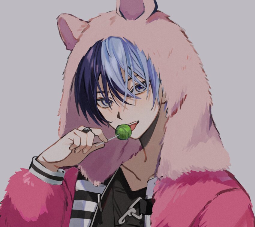 1boy animal_ears animal_hood aoyagi_touya awakening_beat_(project_sekai) beat_eater_(vocaloid) blue_eyes blue_hair candy commentary dark_blue_hair fingernails food grey_background hair_between_eyes hamster_ears hand_up highres holding holding_candy holding_food holding_lollipop hood hooded_jacket jacket jewelry lollipop long_sleeves looking_at_viewer male_focus mole mole_under_eye multicolored_hair official_alternate_costume open_mouth project_sekai ring short_hair simple_background solo sorase_(so17p) teeth two-tone_hair upper_body upper_teeth_only
