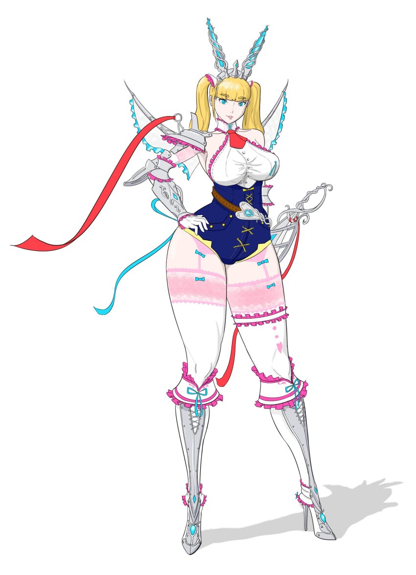 2021 absurdres alice_(under_the_witch) arm_armor armor ascot blonde_hair blue_eyes blue_shorts blunt_bangs boots bow closed_mouth clothing_cutout collar commentary contrapposto cropped_torso elbow_gloves multiple_expressions female_focus frilled_bow frilled_collar frilled_hairband frilled_shirt frilled_sleeves frilled_thighhighs frills full_body garter_belt garter_straps gloves grin hairband hand_on_own_hip heart heart_print high-waist_pants high_heel_boots high_heels highres holding holding_shield holding_sword holding_weapon legs_apart long_hair looking_at_viewer multiple_views narrow_waist pants pink_lips planted planted_sword planted_weapon profile rabbit_ears red_ascot red_lips ribbon sash shadow shield shirt shorts shoulder_armor shoulder_blades shoulder_cutout side_cutout simple_background smile smirk straight-on sword taut_clothes thick_thighs thighhighs thighs tiara treadml tsurime twintails under_the_witch upper_body weapon white_background white_footwear white_gloves white_shirt white_thighhighs wide_hips wings