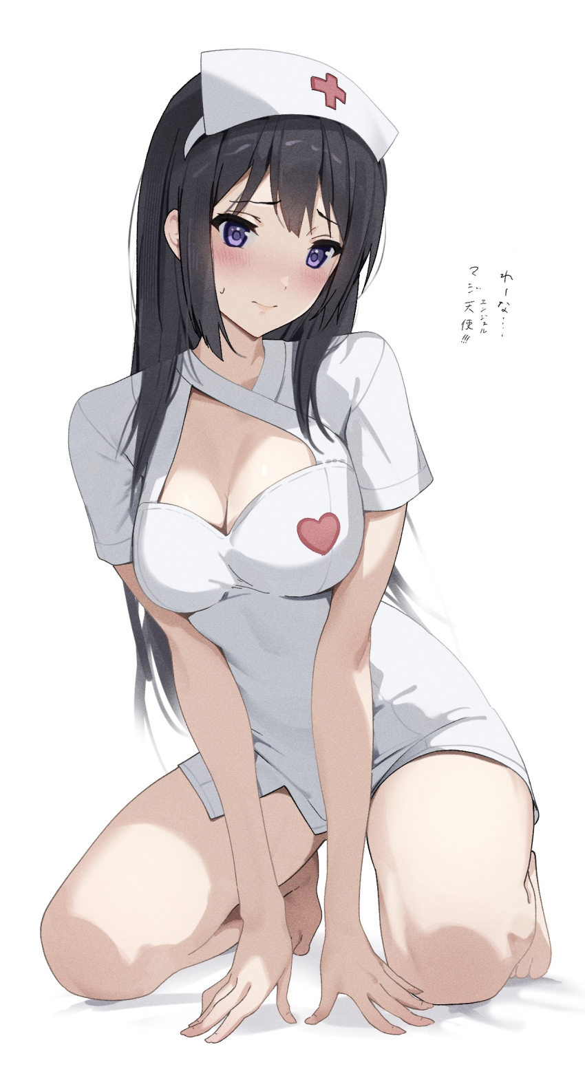 1girl black_hair blush breasts cleavage closed_mouth cross full_body hat hibike!_euphonium highres kneeling kousaka_reina lie_lack1080 long_hair looking_at_viewer medium_breasts nurse nurse_cap purple_eyes red_cross simple_background solo white_background