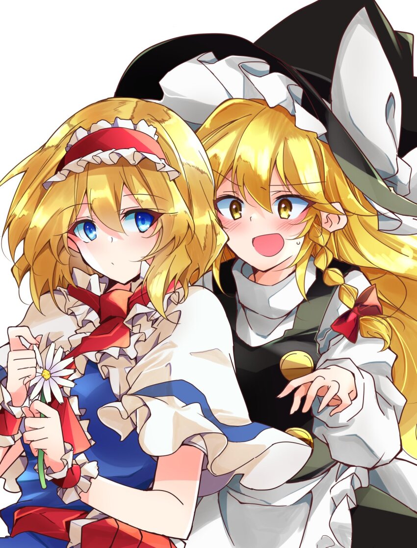 2girls alice_margatroid apron ascot black_hat black_skirt black_vest blonde_hair blue_dress blue_eyes blush bow braid capelet commentary_request daisy dress flower frilled_hairband frills hair_between_eyes hair_bow hairband hat hat_bow highres holding holding_flower ichimura_kanata kirisame_marisa long_hair medium_hair multiple_girls open_mouth plucking_petals red_ascot red_bow red_hairband shirt simple_background single_braid skirt touhou vest white_apron white_background white_bow white_capelet white_shirt witch_hat wrist_cuffs yellow_eyes