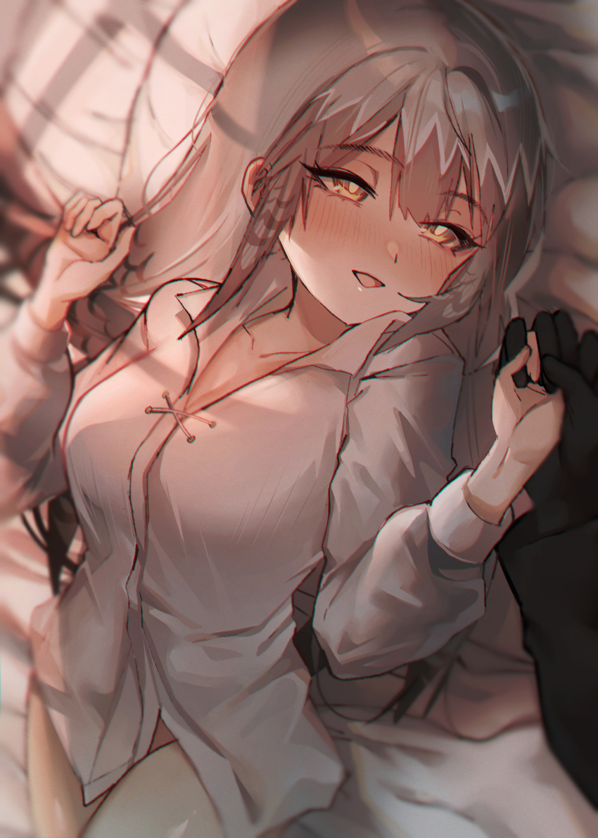 1girl 1other :d absurdres arknights bed_sheet black_gloves blush bottomless breasts cleavage collarbone collared_shirt dress_shirt fartooth_(arknights) gloves grey_hair hair_between_eyes half-closed_eyes hands_up highres kaguura_(kagu) long_hair long_sleeves lying medium_breasts naked_shirt on_back open_mouth out_of_frame pillow puffy_long_sleeves puffy_sleeves shirt smile solo_focus very_long_hair white_shirt yellow_eyes