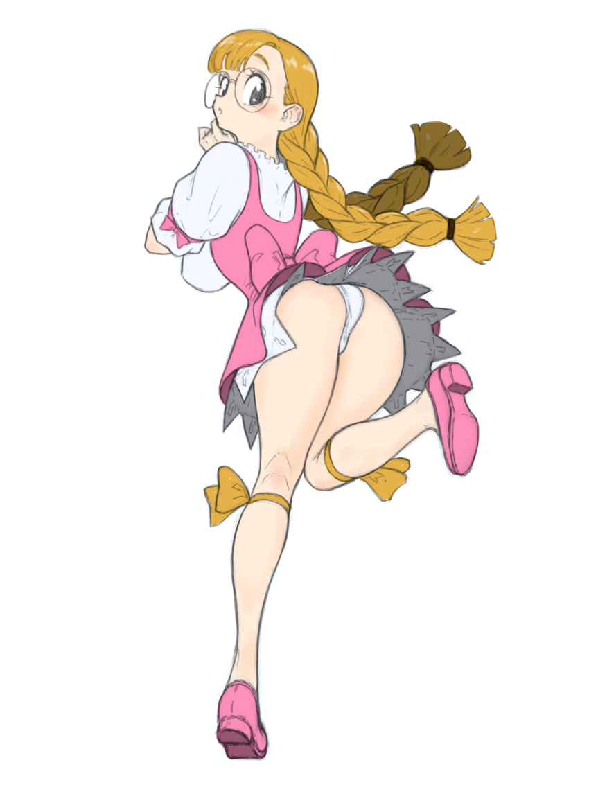 1girl absurdres ass blonde_hair blush braid breasts dress full_body glasses grey_eyes highres karin_(viper) large_breasts long_hair looking_at_viewer looking_back panties pantyshot round_eyewear solo standing standing_on_one_leg toshinoshin twin_braids underwear viper_(series) viper_v16 white_panties