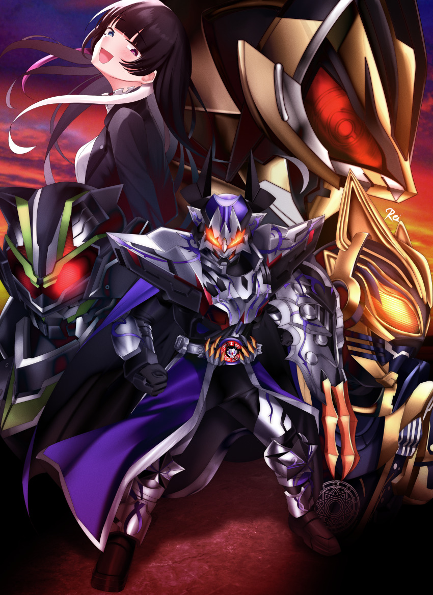 2girls 3boys absurdres animal_ears armor beroba_(kamen_rider_geats) black_armor black_bodysuit black_gloves blue_armor bodysuit bujinsword_buckle bull cape cat_ears character_request claw_(weapon) copyright_request desire_driver disintegration dooms_geats_core_id rider_belt extra_tails fantasy_buckle fox_mask geats_buster_qb9 gloves glowing glowing_eyes half_moon heterochromia highres holding holding_shield holding_weapon horns id_core kamen_rider kamen_rider_buffa kamen_rider_buffa_plosion_rage kamen_rider_dooms_geats kamen_rider_geats:_jyamato_awaking kamen_rider_geats_(series) kamen_rider_na-go kamen_rider_tycoon kamen_rider_tycoon_bujinsword knee_spikes light_particles long_hair looking_at_viewer mask moon multicolored_hair multiple_boys multiple_girls ninja_buckle orange_eyes pink_hair power_armor purple_eyes purple_hair raise_buckle red_eyes red_visor reiei_8 rider_belt shield shogun shoulder_spikes smile spikes streaked_hair tokusatsu weapon