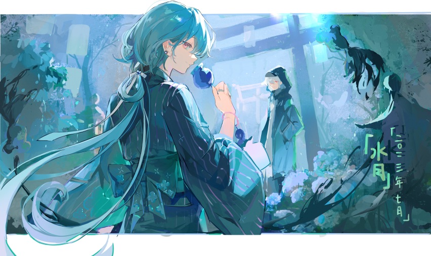 1boy 1other absurdres alternate_costume androgynous aqua_theme arknights back_bow bishounen black_coat blackte69652249 blue_flower blue_hair bow coat doctor_(arknights) earrings flower from_behind hair_rings half-closed_eyes hands_in_pockets highres hood hood_up japanese_clothes jewelry kimono long_hair looking_at_viewer looking_back low_ponytail male_focus mizuki_(arknights) pink_eyes ponytail profile red_eyes ring smile striped_clothes striped_kimono upper_body vertical-striped_clothes vertical-striped_kimono very_long_hair white_hair wide_sleeves