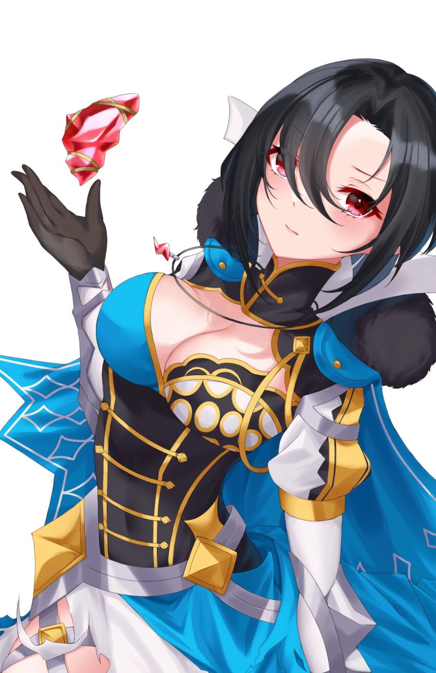 1girl armored_collar asymmetrical_bangs asymmetrical_clothes black_hair breasts dragonstone ell_0314 fire_emblem fire_emblem_engage fur_trim hair_between_eyes highres large_breasts looking_at_viewer nel_(fire_emblem) nintendo red_eyes solo