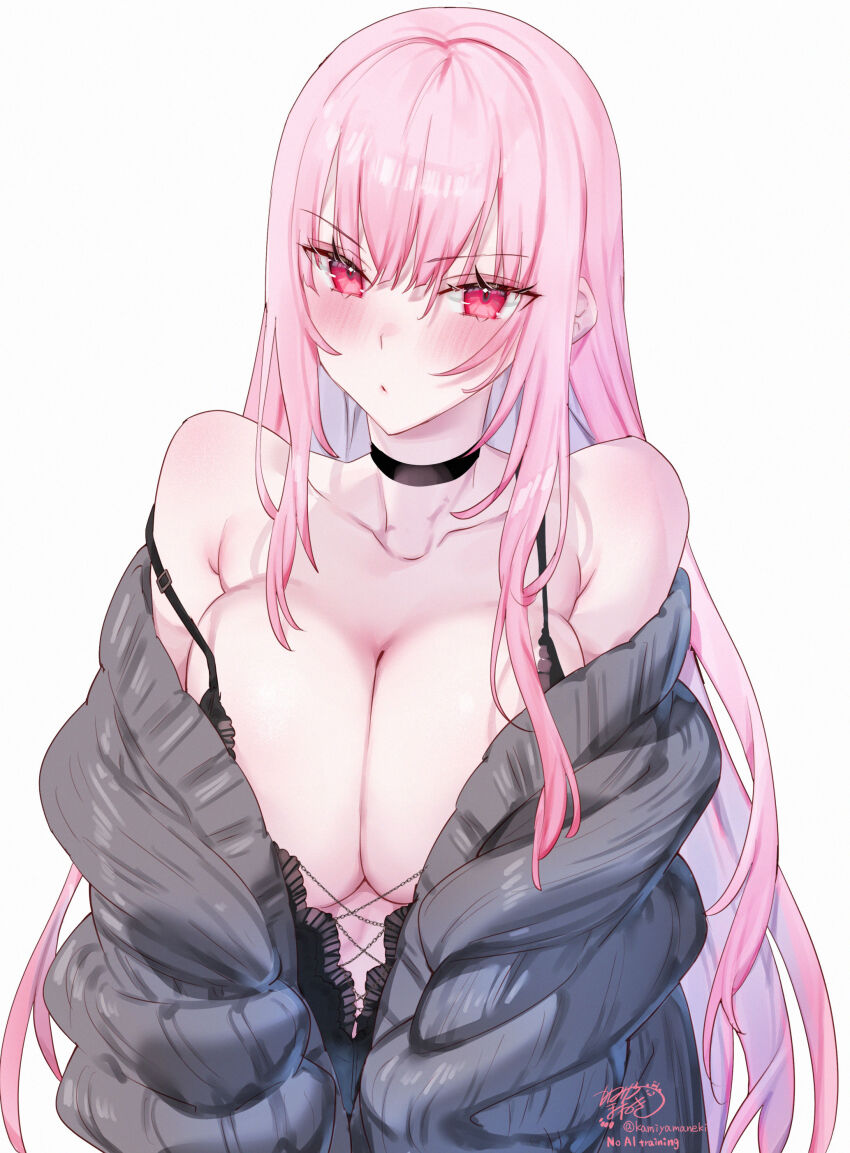 1girl absurdres armpit_crease artist_name bare_shoulders black_camisole black_choker blush breasts camisole choker cleavage closed_mouth collarbone eyelashes grey_sweater hair_between_eyes highres hololive hololive_english huge_breasts kamiya_maneki long_hair long_sleeves looking_at_viewer mori_calliope pink_eyes pink_hair signature simple_background solo strap_slip sweater twitter_username virtual_youtuber white_background