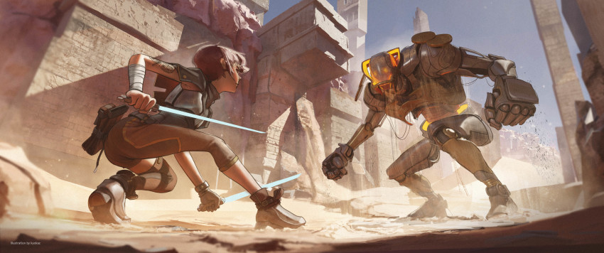 1girl absurdres arm_tattoo bandaged_arm bandages blue_sky boots brown_hair building capelet capri_pants clenched_hands debris dual_wielding dust faiz_azhar fighting fighting_stance highres holding holding_sword holding_weapon humanoid_robot original outdoors pants robot rubble ruins short_hair sky squatting sword tattoo weapon
