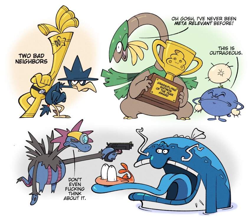 anger_vein angry at_gunpoint back-to-back bulging_eyes commentary dondozo english_commentary english_text eye_pop full_body gameplay_mechanics gen_2_pokemon gen_3_pokemon gen_5_pokemon gholdengo gun hands_on_own_hips highres hydreigon jumpluff murkrow nintendo pokemon pokemon_(creature) profanity shenanimation smile sweat tatsugiri trophy tropius weapon