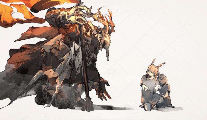 1boy 2girls animal_ears animal_skull antlers arknights armor boots deer_antlers deer_skull frostnova_(arknights) highres horns long_hair multiple_girls patriot_(arknights) rabbit_ears red_eyes rokunose size_difference white_background