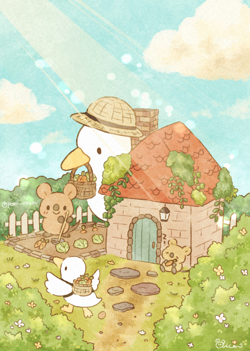 absurdres animal animal_focus basket bird blue_sky brown_hat bush cabbage carrot cloud duck hat highres holding holding_basket house mian_(user_kwcj2833) mouse_(animal) no_humans original outdoors signature sky sunlight zzz