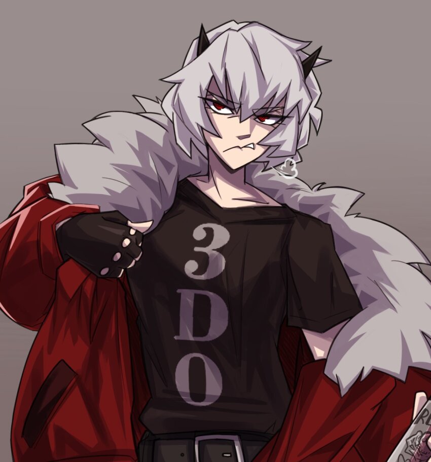 1girl annoyed belt black_belt black_gloves black_shirt demon demon_girl demon_horns gloves grey_background helltaker highres holding holding_belt horns inktober jacket kamuify looking_to_the_side malina_(helltaker) open_clothes open_jacket red_eyes red_jacket shirt white_hair