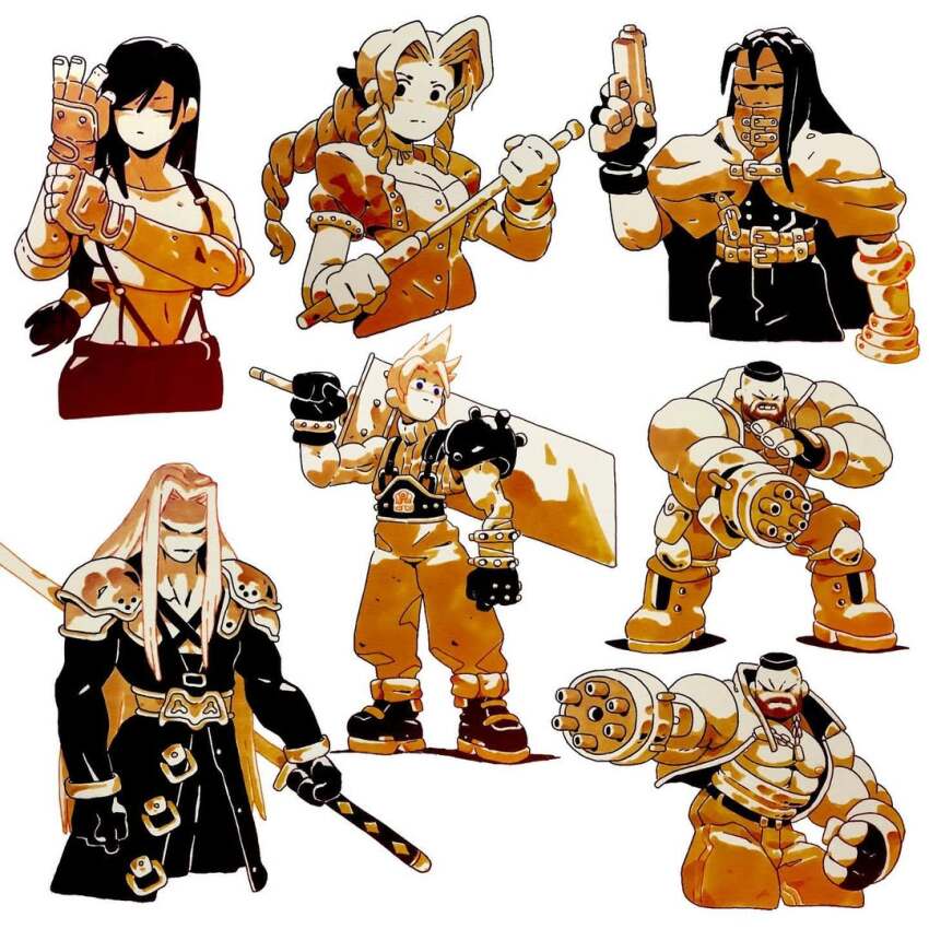 2girls 4boys adjusting_clothes adjusting_gloves aerith_gainsborough armor baggy_pants bangle bare_shoulders barret_wallace beard belt black_coat black_gloves black_hair black_pantyhose blonde_hair boots bracelet braid braided_ponytail breasts buster_sword buttons chest_strap cleavage cloak closed_eyes cloud_strife coat crop_top cropped_jacket davilorium elbow_gloves elbow_pads facial_hair facial_scar final_fantasy final_fantasy_vii fingerless_gloves full_body furrowed_brow gloves grey_hair gun hair_ribbon handgun headband holding holding_gun holding_staff holding_sword holding_weapon jewelry long_coat long_hair looking_at_viewer low-tied_long_hair masamune_(ff7) medium_breasts midriff multiple_belts multiple_boys multiple_girls multiple_views muscular muscular_male navel pants pantyhose parted_bangs pauldrons prosthetic_weapon puffy_short_sleeves puffy_sleeves ribbon scar scar_on_cheek scar_on_face sephiroth shirt short_hair short_sleeves shoulder_armor sidelocks single_bare_shoulder single_braid single_elbow_pad single_pauldron sleeveless sleeveless_shirt sleeveless_turtleneck spiked_hair staff suspenders sword tifa_lockhart turtleneck upper_body very_short_hair vest vincent_valentine weapon white_background white_shirt