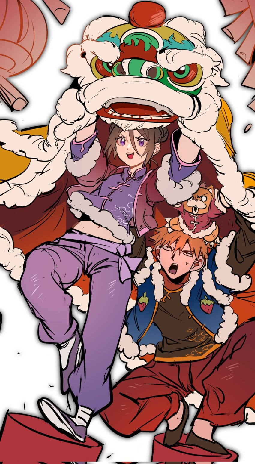 1boy 1girl bear bleach brown_hair double_bun full_body fur-trimmed_jacket fur_trim hair_between_eyes hair_bun highres jacket kon_(bleach) kuchiki_rukia kurosaki_ichigo lone_nape_hair orange_hair pants purple_eyes purple_pants simple_background smile squatting sweatdrop xi_luo_an_ya