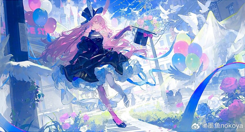1girl animal_ears arm_warmers asymmetrical_footwear asymmetrical_legwear balloon bare_shoulders bird black_dress black_footwear black_hat black_jacket blue_flower blue_rose breasts buttons castle character_request city cleavage closed_mouth commentary copyright_request cross cross_print day dove dress ferris_wheel floating_clothes flower full_body hair_between_eyes hat high_heels highres holding holding_unworn_clothes holding_unworn_hat jacket jacket_partially_removed juliet_sleeves knees lamppost leg_up long_hair long_sleeves medium_dress mismatched_footwear mismatched_legwear nokoya outdoors pantyhose piano_keys pink_arm_warmers pink_eyes pink_hair pink_pantyhose puffy_sleeves pumps rabbit rabbit_ears red_flower red_rose rose single_arm_warmer sleeveless sleeveless_dress smile solo standing symbol-only_commentary top_hat turtleneck turtleneck_dress unworn_hat unworn_headwear very_long_hair watermark weibo_watermark white_flower white_footwear white_pantyhose white_rose