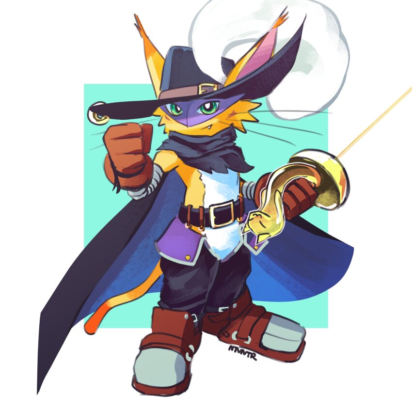 black_cape black_hat black_pants body_fur brown_gloves cape cat digimon digimon_(creature) eye_mask fang full_body gloves green_eyes hat highres holding holding_sword holding_weapon notaventura nyabootmon pants revision simple_background sword weapon yellow_fur