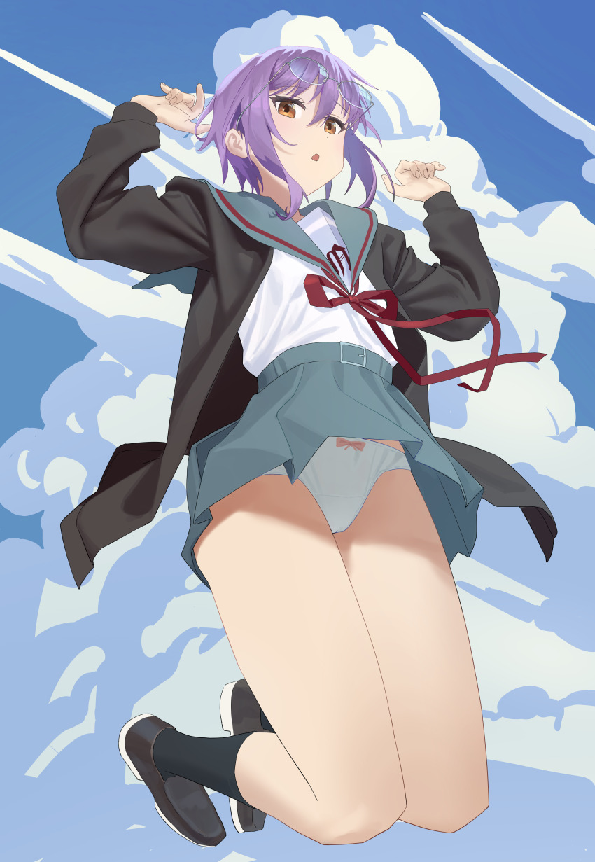 1girl :o absurdres black_cardigan black_shoes black_socks blue_sailor_collar blue_skirt blue_sky bow bow_panties brown_eyes cardigan cloud cloudy_sky commentary_request day from_below hands_up highres kita_high_school_uniform kneehighs leo_liao323 long_sleeves nagato_yuki open_cardigan open_clothes panties parted_lips pleated_skirt purple_hair red_ribbon ribbon sailor_collar school_uniform serafuku shirt shoes short_hair skirt sky socks solo suzumiya_haruhi_no_yuuutsu thighs underwear white_panties white_shirt wind wind_lift winter_uniform