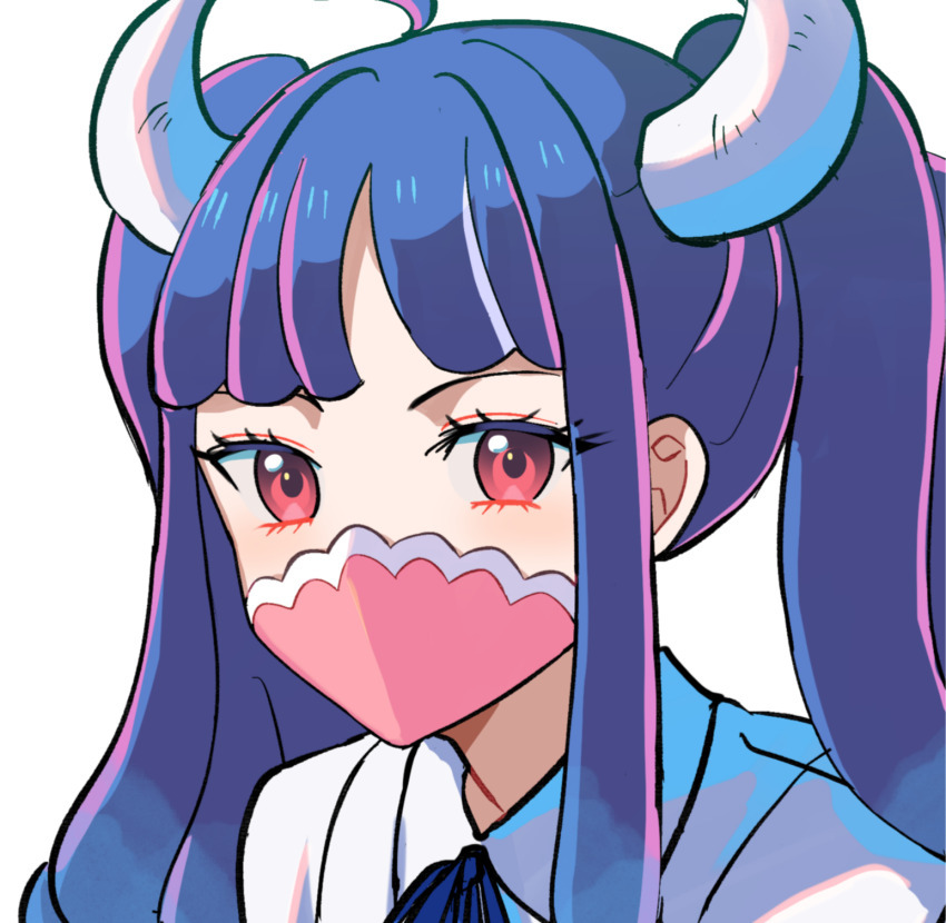 1girl blue_hair blue_ribbon commentary_request covered_mouth highres horns kasuga_kaya korean_commentary long_hair looking_at_viewer mask mouth_mask multicolored_hair one_piece pink_eyes pink_hair ribbon shirt simple_background solo two-tone_hair ulti_(one_piece) white_background white_horns white_shirt