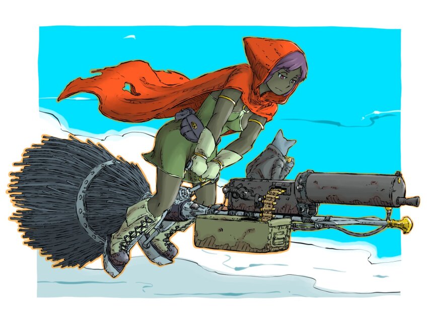 1girl 1other blue_sky boots breasts broom broom_riding cloak cloud commentary_request day dress gloves green_dress gun highres holding holding_smoking_pipe hood hood_up hooded_cloak lace-up_boots machine_gun maxim_gun medium_breasts mg08 orange_cloak original outdoors parted_bangs purple_eyes purple_hair short_eyebrows sky smoking_pipe solo_focus thick_eyebrows weapon white_footwear white_gloves yabarn