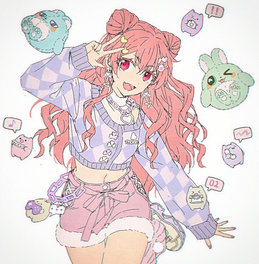 1girl chain crop_top double_bun earrings fang hair_bun hair_ornament hairclip hakusai_(tiahszld) heart highres jewelry long_hair long_sleeves looking_at_viewer midriff momoi_airi nail_polish navel open_mouth pink_hair pink_nails project_sekai red_eyes shorts smile solo stuffed_animal stuffed_toy sweater v white_background