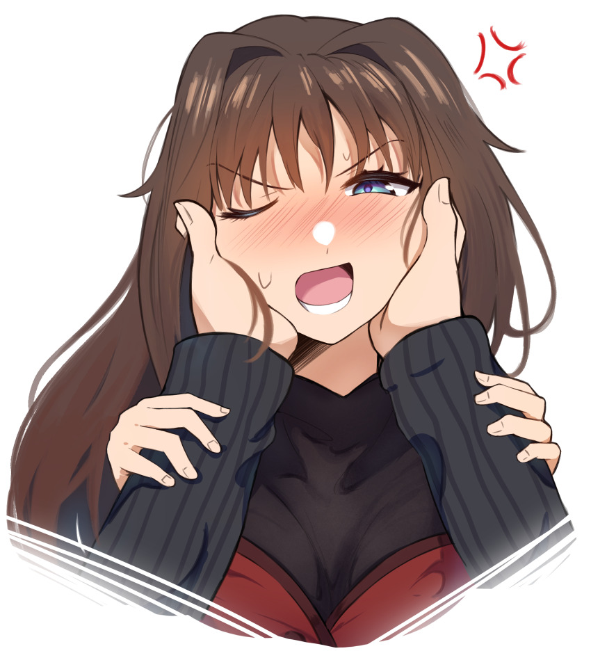 1boy 1girl absurdres anger_vein aozaki_aoko black_sweater blush brown_hair commentary english_commentary hair_intakes highres long_hair lower_teeth_only mahou_tsukai_no_yoru one_eye_closed open_mouth pov pov_hands shizuki_soujuurou simple_background sleeves_past_wrists sweat sweater teeth vinsycal white_background