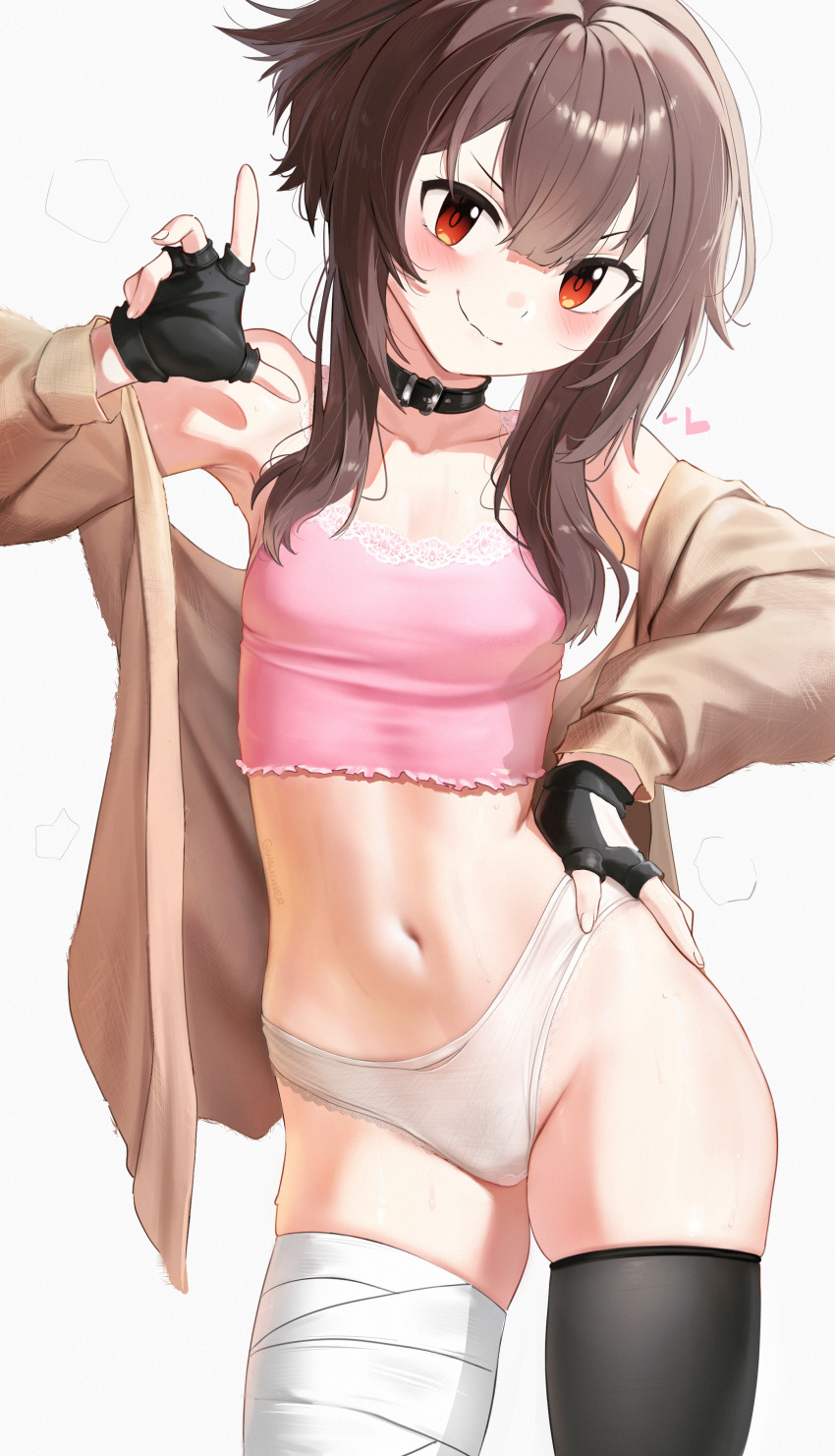 1girl absurdres asymmetrical_legwear bandaged_leg bandages belt_collar black_collar black_gloves black_thighhighs blush breasts brown_hair brown_jacket camisole closed_mouth collar commentary contrapposto cowboy_shot crop_top english_commentary fingerless_gloves gloves hair_between_eyes hand_on_own_hip hand_up heart highres jacket kono_subarashii_sekai_ni_shukufuku_wo! long_sleeves looking_at_viewer megumin mismatched_legwear navel off_shoulder open_clothes open_jacket paid_reward_available panties pink_camisole red_eyes short_hair_with_long_locks simple_background skindentation small_breasts smile solo standing sweat thighhighs twitter_username underwear v-shaped_eyebrows waligner white_background white_panties