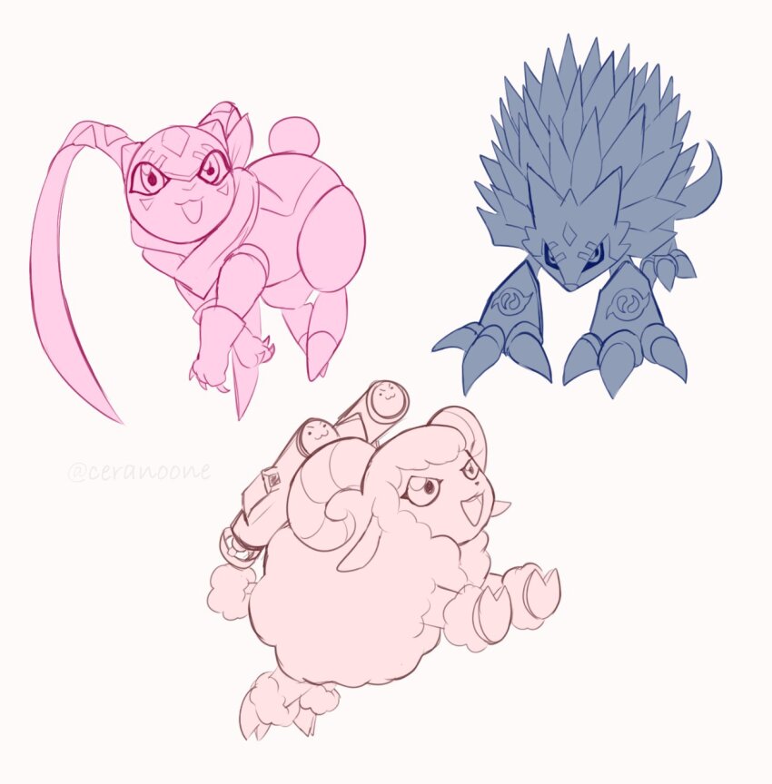 bitmon crests_(digimon) digimon digimon_(creature) highres looking_at_viewer scarf sheepmon simple_background spikes togemogumon white_background