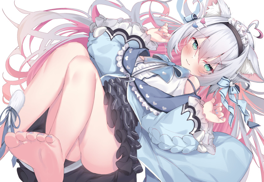 1girl :3 ahoge animal_ear_fluff animal_ears ass barefoot black_skirt blue_bow blue_bowtie blue_ribbon bow bowtie cat_ears cat_tail closed_mouth clothing_cutout colored_inner_hair commentary_request commission eip_(pepai) feet foot_out_of_frame frilled_hairband frilled_jacket frilled_skirt frills grey_hair hair_between_eyes hair_ornament hairband hairclip hands_up heart heart_ahoge highres indie_virtual_youtuber jacket kazari_lua legs long_hair looking_at_viewer lying multicolored_hair nail_polish on_back paw_pose pink_hair ribbon shiny_skin shoulder_cutout simple_background skeb_commission skirt soles solo streaked_hair tail thighs toenail_polish toenails toes virtual_youtuber white_background wide_sleeves