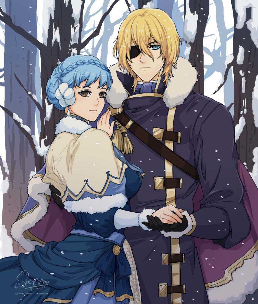 1boy 1girl absurdres artist_name berkut_(fire_emblem) berkut_(fire_emblem)_(cosplay) berkut_(soiree)_(fire_emblem) black_gloves blonde_hair blue_eyes blue_hair braid closed_mouth commentary commission cosplay couple crown_braid dimitri_alexandre_blaiddyd dimitri_alexandre_blaiddyd_(timeskip) english_commentary eyepatch fire_emblem fire_emblem:_three_houses fire_emblem_echoes:_shadows_of_valentia gloves hair_ornament highres holding_hands long_sleeves marianne_von_edmund marianne_von_edmund_(timeskip) nintendo one_eye_covered rinea_(fire_emblem) rinea_(fire_emblem)_(cosplay) rinea_(soiree)_(fire_emblem) second-party_source short_hair sierra117renner signature snow