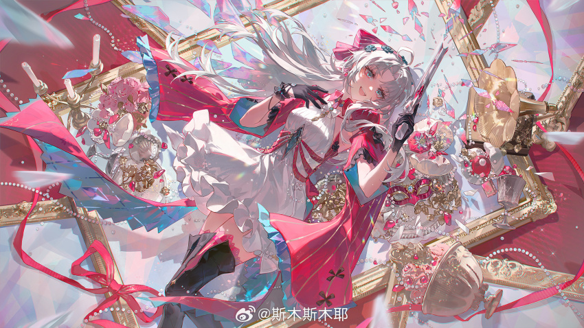 1girl :d ahoge black_gloves blue_eyes bow breasts carlotta_(wuthering_waves) chinese_commentary commentary_request dress earrings gloves gun hair_bow hairband hand_up handgun highres holding holding_gun holding_weapon jewelry long_hair medium_breasts open_mouth pink_bow pink_hairband short_dress smile smusmuye solo striped_bow thighs very_long_hair weapon white_dress white_hair wuthering_waves