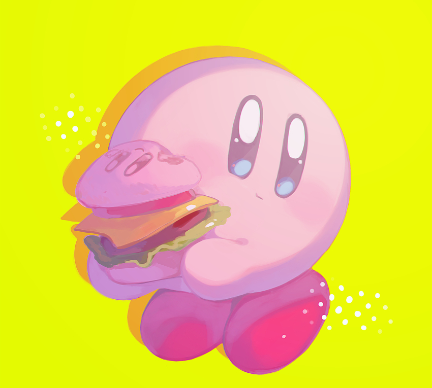 blue_eyes burger closed_mouth colored_skin commentary_request drop_shadow food highres holding holding_food kananishi kirby kirby_(series) kirby_burger light_blush light_smile looking_to_the_side nintendo no_humans partial_commentary pink_skin red_shoes shoes simple_background solo yellow_background