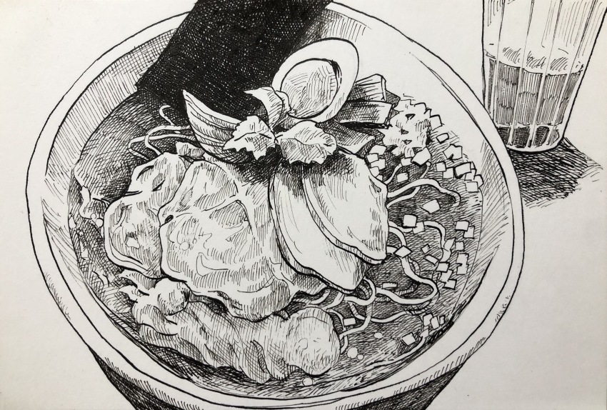 bowl crosshatching cup egg_(food) food food_focus greyscale hardboiled_egg hatching_(texture) highres ibsukionsen linear_hatching monochrome noodles nori_(seaweed) original pen_(medium) ramen traditional_media