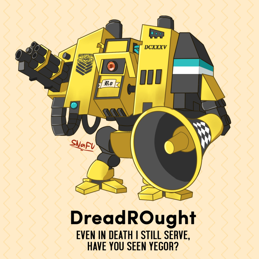 ammunition_belt ammunition_chute artist_name dreadnought_(warhammer_40k) english_text gatling_gun girls&#039;_frontline gun highres mecha megaphone no_humans parody ro635_(girls&#039;_frontline) robot science_fiction snafu_(snafy_snu) solo warhammer_40k weapon
