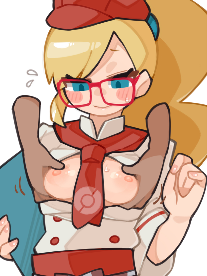 1girl absurdres aqua_eyes ascot blonde_hair blush_stickers buttons clenched_hand closed_mouth creatures_(company) disembodied_hand flying_sweatdrops game_freak glasses grabbing_another&#039;s_breast groping hat highres holding holding_menu jacket leah_(pokemon) long_hair looking_down menu nintendo pokemon pokemon_cafe_remix red-framed_eyewear red_ascot red_hat suiran_(suiran2822) sweat waitress white_background