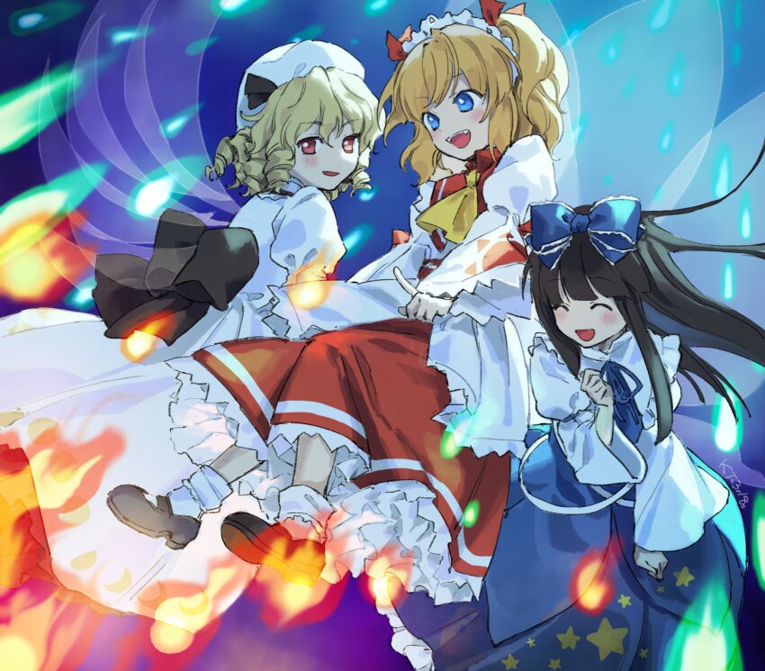 3girls blonde_hair blue_eyes bow brown_hair danmaku dress drill_hair fairy fire hat highres kaigen_1025 long_sleeves luna_child multiple_girls red_eyes smile star_sapphire sunny_milk touhou white_dress