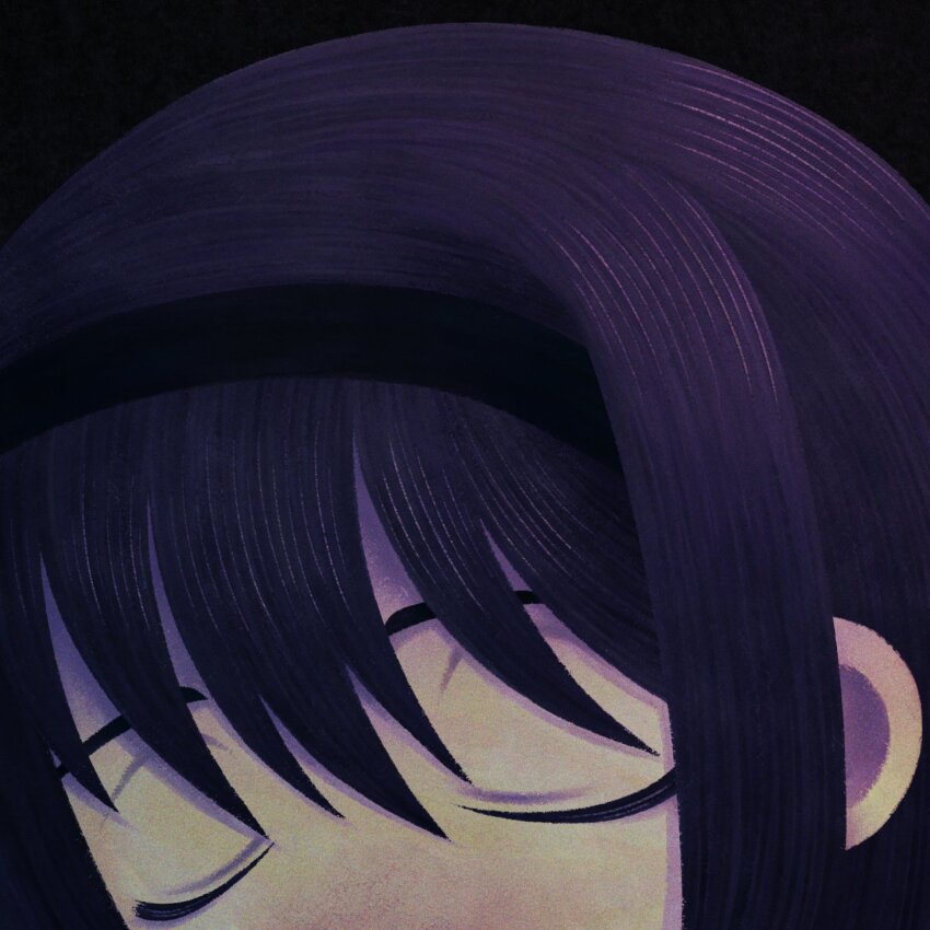 1girl akemi_homura black_background black_hairband close-up closed_eyes commentary cryptidhermit english_commentary eyebrows_hidden_by_hair facing_ahead hairband highres long_hair mahou_shoujo_madoka_magica mouth_out_of_frame purple_hair solo