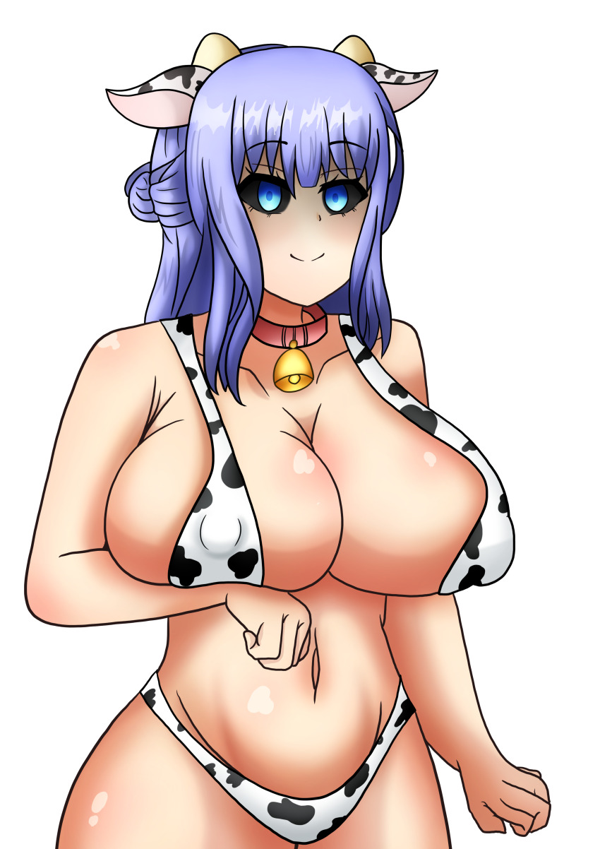 1girl animal_ears animal_print bikini black_sclera blue_eyes breasts closed_mouth collarbone colored_sclera covered_erect_nipples cow_ears cow_print cow_print_bikini cowboy_shot fake_animal_ears grimms_echoes huge_breasts navel omumu369 print_bikini shaded_face simple_background smile solo swimsuit void_cinderella_(grimms_echoes) white_background