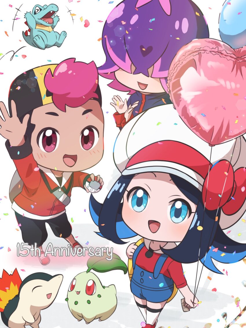 1boy 2girls amedamaneko backwards_hat baseball_cap black_hair blue_eyes chikorita colored_inner_hair cosplay cyndaquil dark-skinned_male dark_skin dot_(pokemon) ethan_(pokemon) ethan_(pokemon)_(cosplay) gen_2_pokemon hair_over_eyes happy_anniversary hat highres holding jacket liko_(pokemon) long_sleeves looking_at_viewer lyra_(pokemon) lyra_(pokemon)_(cosplay) multicolored_hair multiple_girls nintendo open_mouth pants pink_hair pokemon pokemon_(anime) pokemon_(creature) pokemon_hgss pokemon_horizons purple_hair roy_(pokemon) shirt short_hair silver_(pokemon) silver_(pokemon)_(cosplay) smile starter_pokemon_trio thighhighs totodile twintails