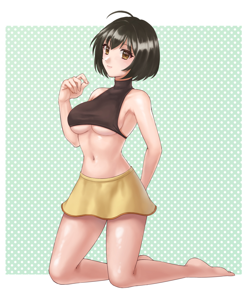 1girl absurdres ahoge alternate_costume bare_shoulders barefoot black_hair breasts brown_eyes dotted_background fire_emblem fire_emblem:_radiant_dawn full_body hazuki_(nyorosuke) highres kneeling laura_(fire_emblem) long_sleeves medium_breasts midriff miniskirt navel nintendo short_hair simple_background skirt sleeves_past_wrists smile solo turtleneck underboob