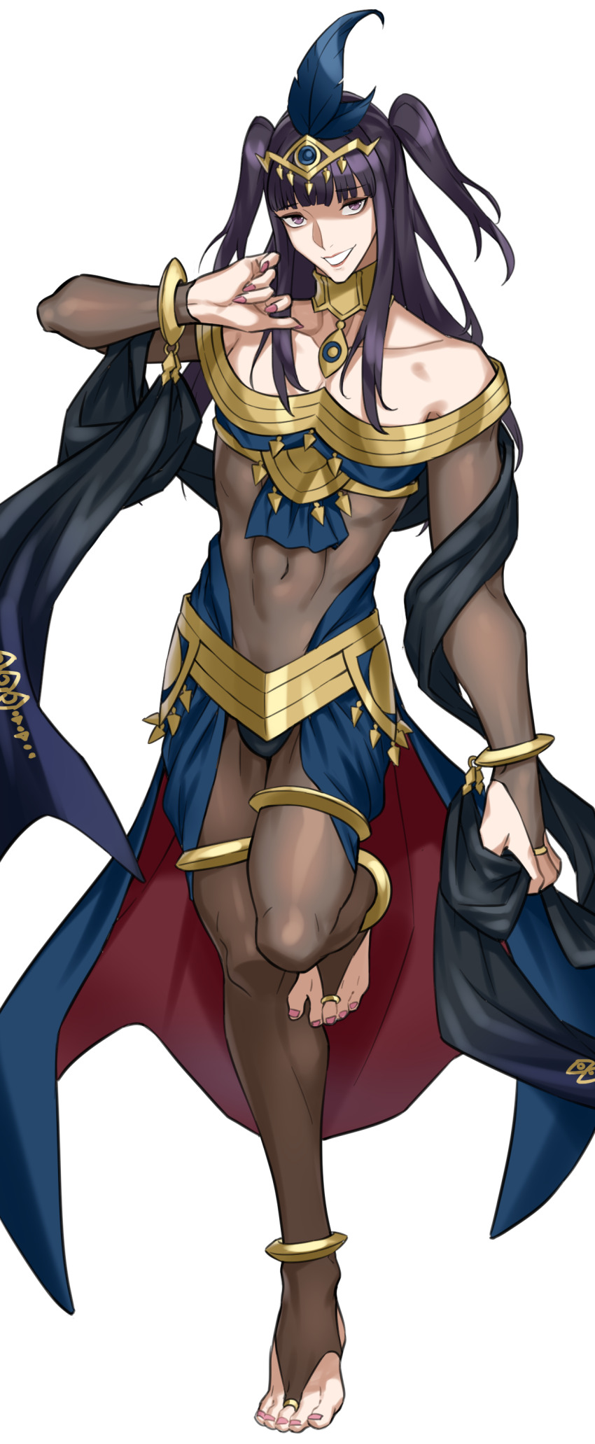 1boy absurdres bishounen black_bridal_gauntlets black_hair bodystocking bridal_gauntlets crossdressing crossdressing_(mtf) fire_emblem fire_emblem_awakening fire_emblem_heroes full_body genderswap genderswap_(ftm) highres jewelry looking_at_viewer nintendo p.maker see-through_clothes simple_background smile solo tharja_(fire_emblem) tharja_(plegian)_(fire_emblem) tiara toe_ring toned toned_male two_side_up white_background