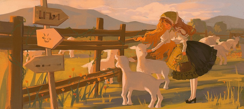 1girl absurdres animal baby_animal basket black_footwear bonnet chinese_commentary day fence floating_hair flower goat grass grazing_(livestock) green_skirt high_heels highres holding holding_basket hoop_skirt lamb layered_sleeves long_hair long_sleeves looking_at_animal mary_janes mountainous_horizon orange_hair original outdoors outstretched_arm pantyhose plant profile puffy_short_sleeves puffy_sleeves reaching road_sign sheep shirt shoes short_over_long_sleeves short_sleeves sign skirt sky standing very_long_hair vines white_pantyhose white_shirt wooden_fence yaqing
