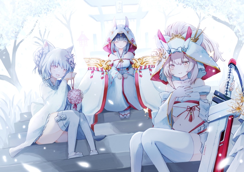3girls absurdres animal_ear_fluff animal_ears ayanami_(azur_lane) ayanami_(demon&#039;s_finest_dress)_(azur_lane) azur_lane bare_shoulders black_hair breasts closed_eyes dress ears_through_headwear flower full_body gold_trim headgear highres holding holding_sword holding_weapon japanese_clothes kimono light_brown_hair long_sleeves looking_at_viewer midriff multiple_girls nagato_(azur_lane) nagato_(great_fox&#039;s_white_gown)_(azur_lane) official_alternate_costume shiromuku sitting small_breasts snow stairs swept_bangs sword takumi_(user_xmwf4727) thighhighs uchikake weapon white_dress white_flower white_kimono white_lily white_thighhighs wide_sleeves yellow_eyes yukikaze_(azur_lane) yukikaze_(the_warmth_of_spring)_(azur_lane)