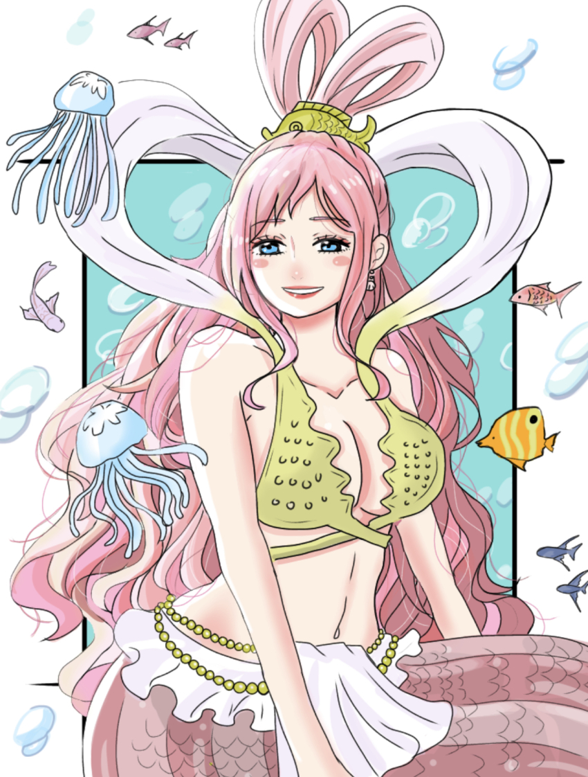 1girl bikini blue_eyes earrings fish fish_hair_ornament hagoromo hair_ornament hhzs2587 highres jewelry long_hair mermaid monster_girl one_piece pink_hair princess shawl shirahoshi sidelocks smile swimsuit yellow_bikini