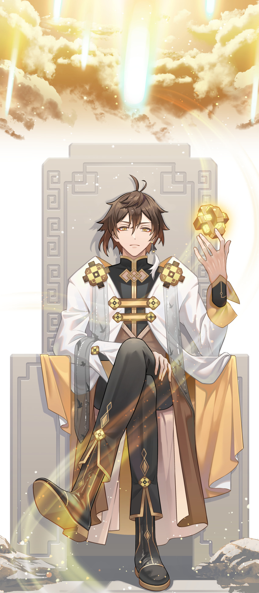 1boy absurdres black_boots black_pants boots brown_hair closed_mouth commentary_request crossed_legs earrings fingernails genshin_impact gradient_hair hair_between_eyes hand_up highres jewelry long_sleeves looking_at_viewer male_focus medium_hair multicolored_hair pants robe single_earring sitting solo tanpopo_(tanpopokkk) two-tone_robe white_robe yellow_eyes yellow_robe zhongli_(genshin_impact)
