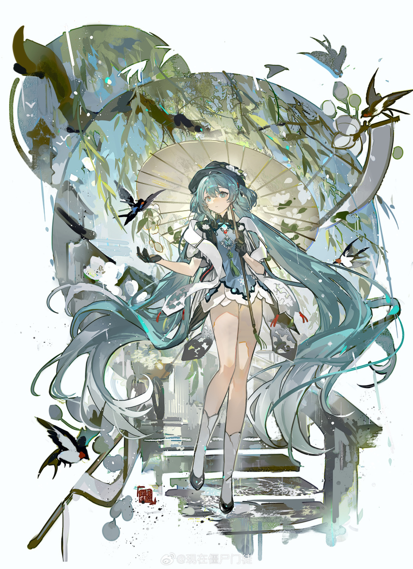 1girl absurdres aqua_eyes aqua_hair bird black_gloves black_shoes dress full_body gloves half_gloves hat hatsune_miku highres holding holding_umbrella kneehighs long_hair mento miku_with_you_(vocaloid) parted_lips shoes short_sleeves socks solo stairs standing twintails umbrella very_long_hair vocaloid white_socks